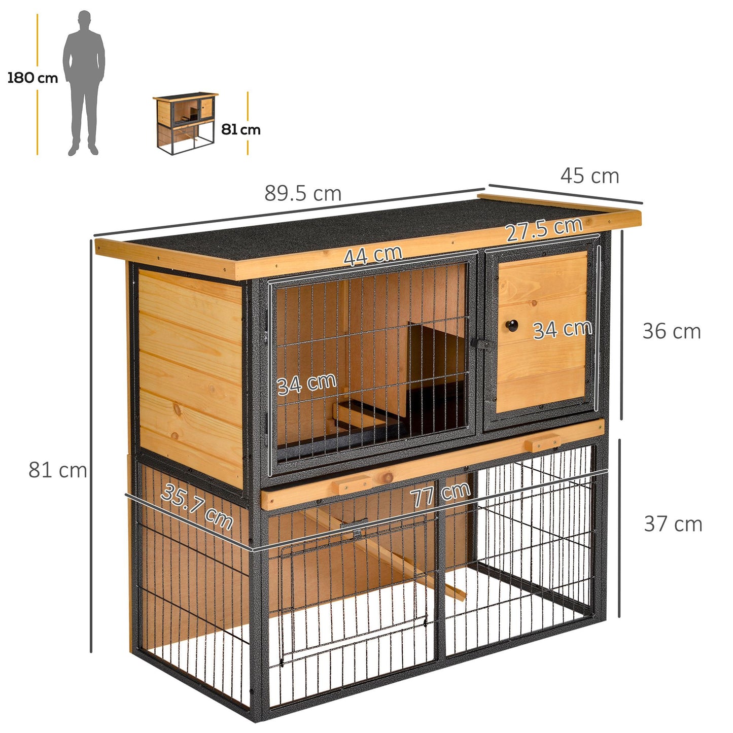 PawHut Wood-metal Rabbit Hutch Elevated Pet House Bunny Cage with Slide-Out Tray Asphalt Openable Roof Lockable Door Outdoor