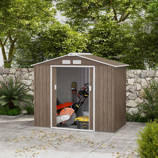 outsunny-7-x-4ft-metal-garden-storage-shed-with-vents-floor-foundation-and-lockable-double-doors-brown