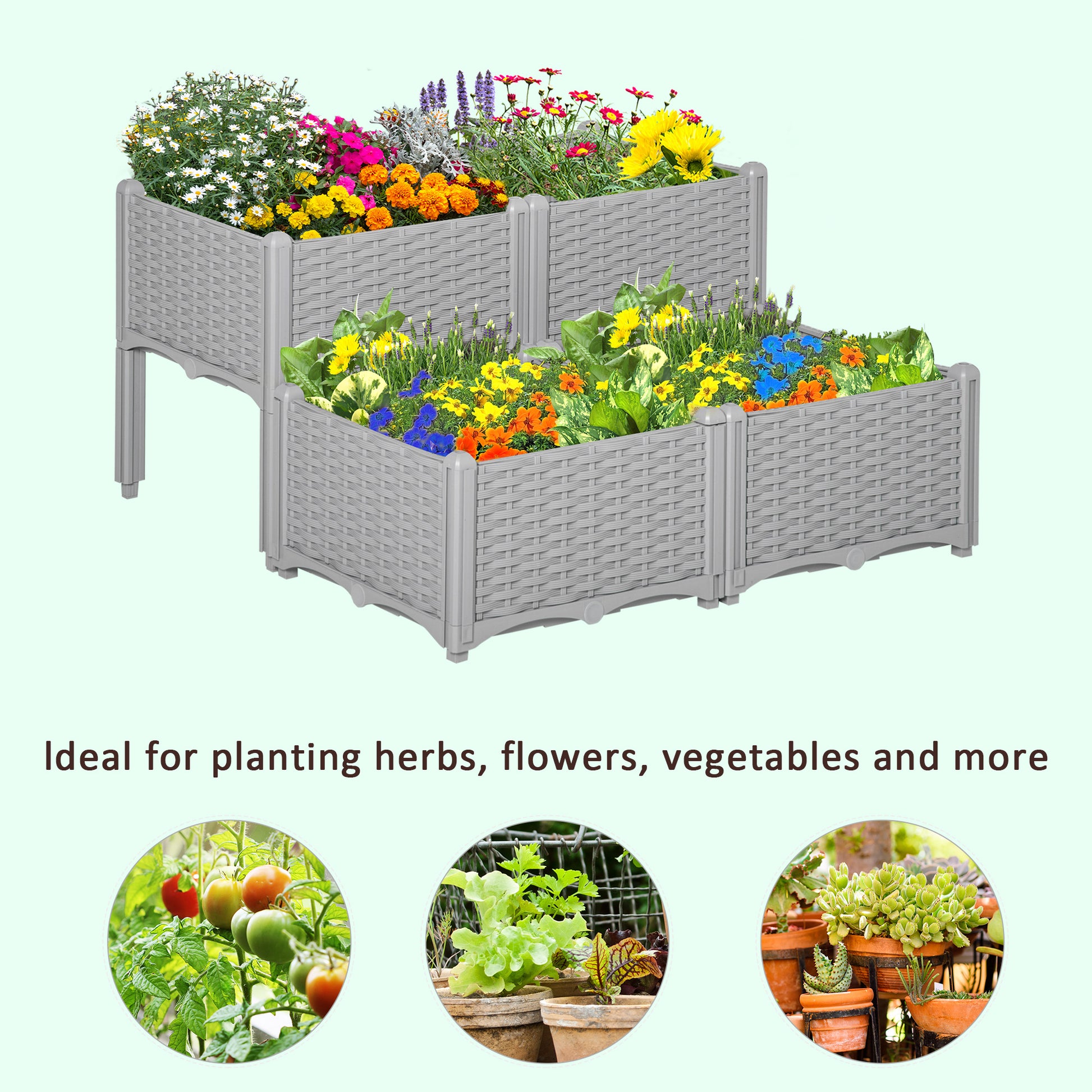 outsunny-set-of-4-garden-raised-bed-elevated-patio-flower-plant-planter-box-pp-vegetables-planting-container-grey