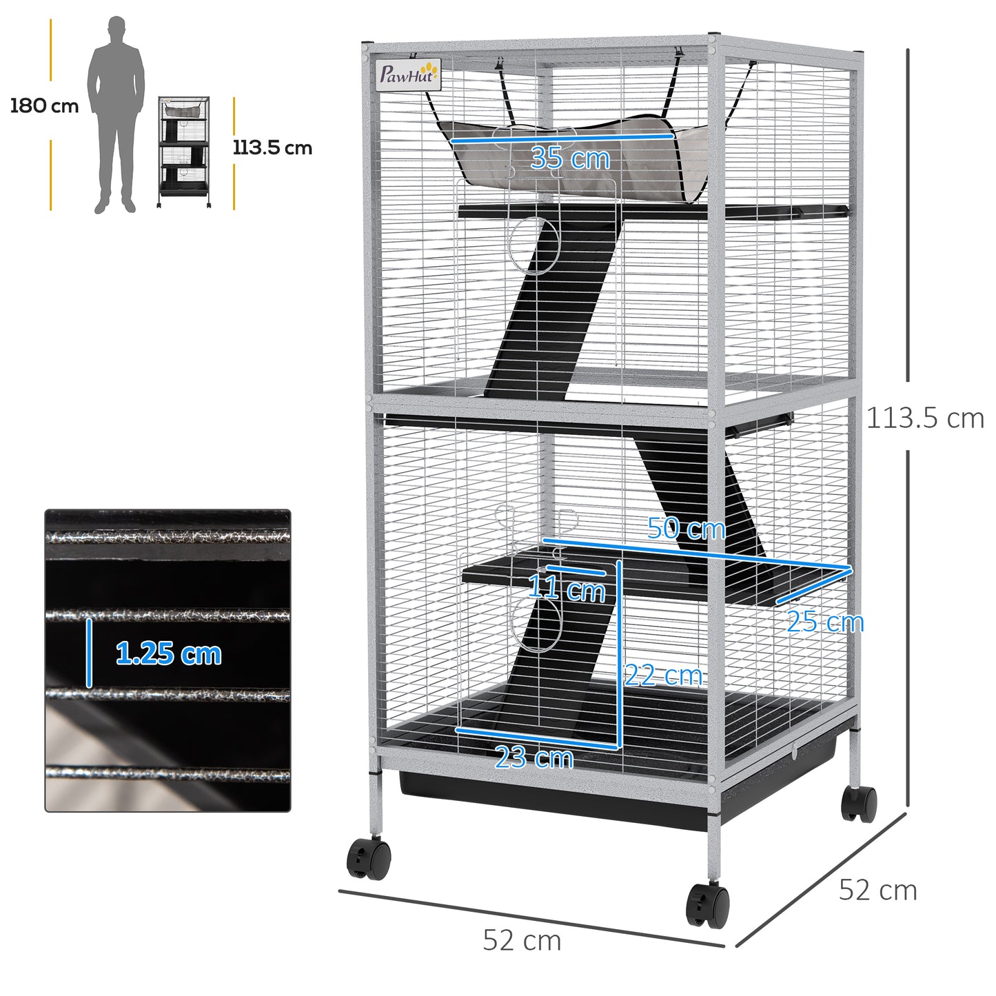 PawHut Small Animal Cage Pet Play House with Wheels Platforms Light Grey