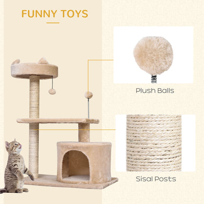 PawHut Cats 3-Tier Sisal Rope Scratching Post w/ Toys Beige