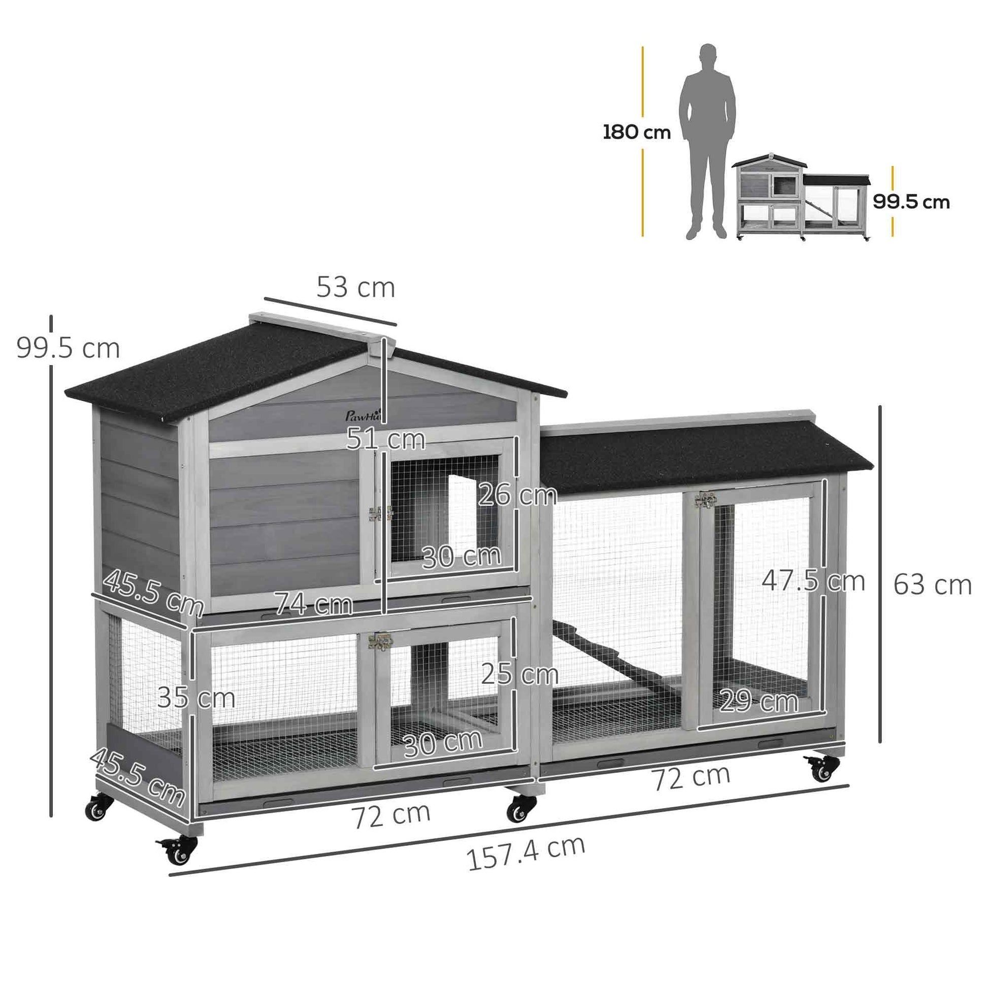 PawHut Two-Tier Rabbit Hutch and Run Wooden Mobile Guinea Pig Hutch Bunny Cage w/ Wheels, Run, Slide-Out Tray, Ramp 157.4 x 53 x 99.5 cm