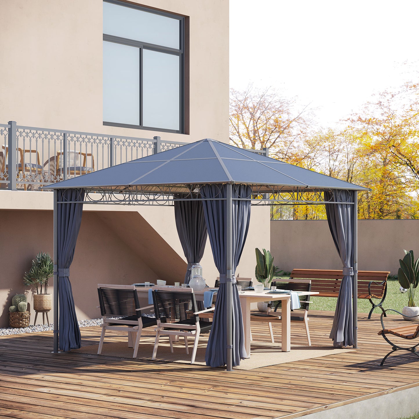 outsunny-3-x-3m-hardtop-gazebo-with-uv-resistant-polycarbonate-roof-steel-aluminum-frame-garden-pavilion-with-curtains-grey