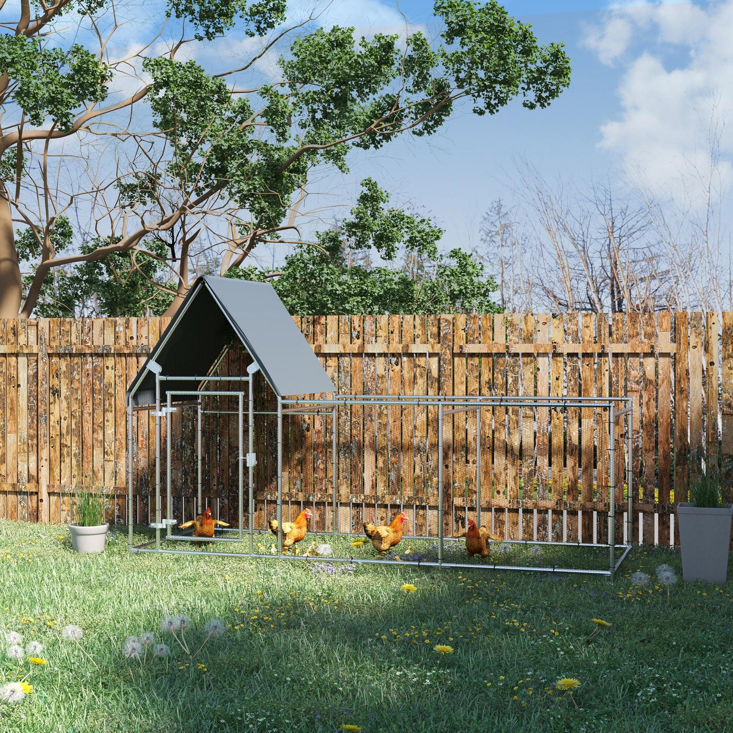 PawHut Walk In Chicken Run, Large Galvanized Chicken House, Hen Poultry House Cage, Outdoor Rabbit Hutch Metal Enclosure w/ Water-Resist Cover