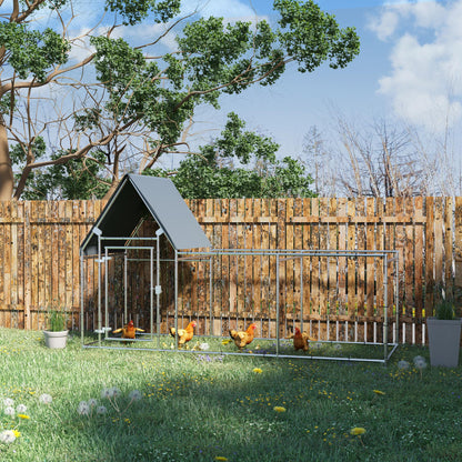 PawHut Walk In Chicken Run, Large Galvanized Chicken House, Hen Poultry House Cage, Outdoor Rabbit Hutch Metal Enclosure w/ Water-Resist Cover