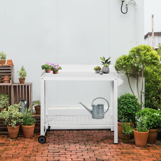 outsunny-garden-outdoor-metal-potting-table-bench-planting-workstation-push-cart-with-wheels-side-hanger-white