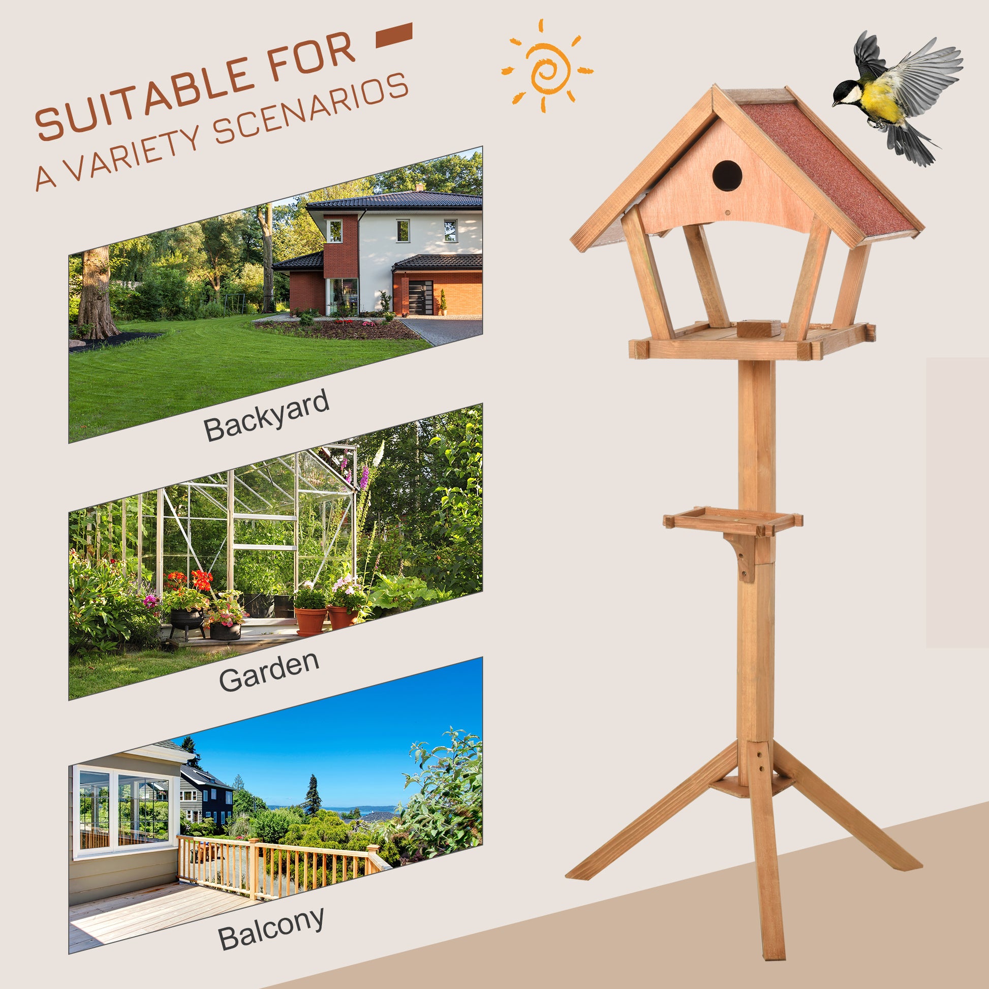 PawHut Wooden Bird Feeder Table Freestanding for Garden Backyard Outside Decorative Pre-cut Weather Resistant Roof 49 x 45 x 139 cm Natural