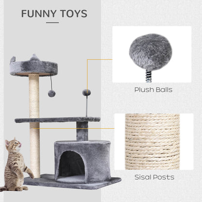 PawHut Cats 3-Tier Sisal Rope Scratching Post w/ Toys Grey