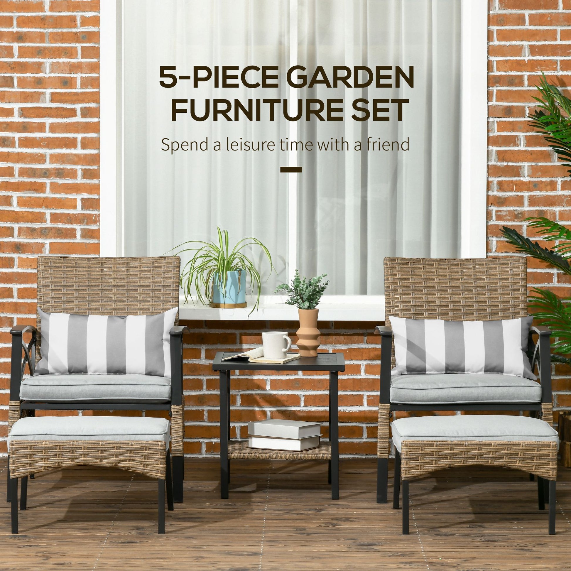 outsunny-5-piece-pe-rattan-garden-furniture-set-2-armchairs-2-stools-steel-tabletop-with-wicker-shelf-padded-outdoor-seating-grey