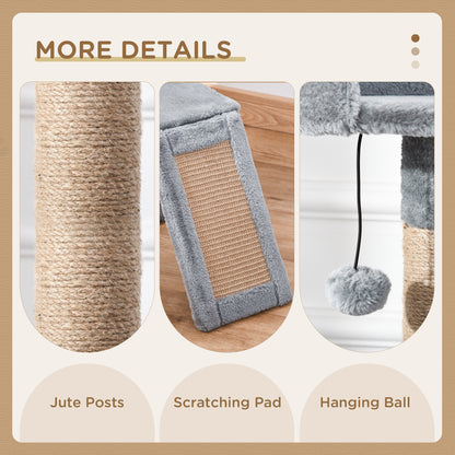 PawHut Cat Tree Tower 142cm Climbing Kitten Activity Center with Jute Scratching Post  Board Perch Roomy Condo Removable Felt Hanging Toy, Grey