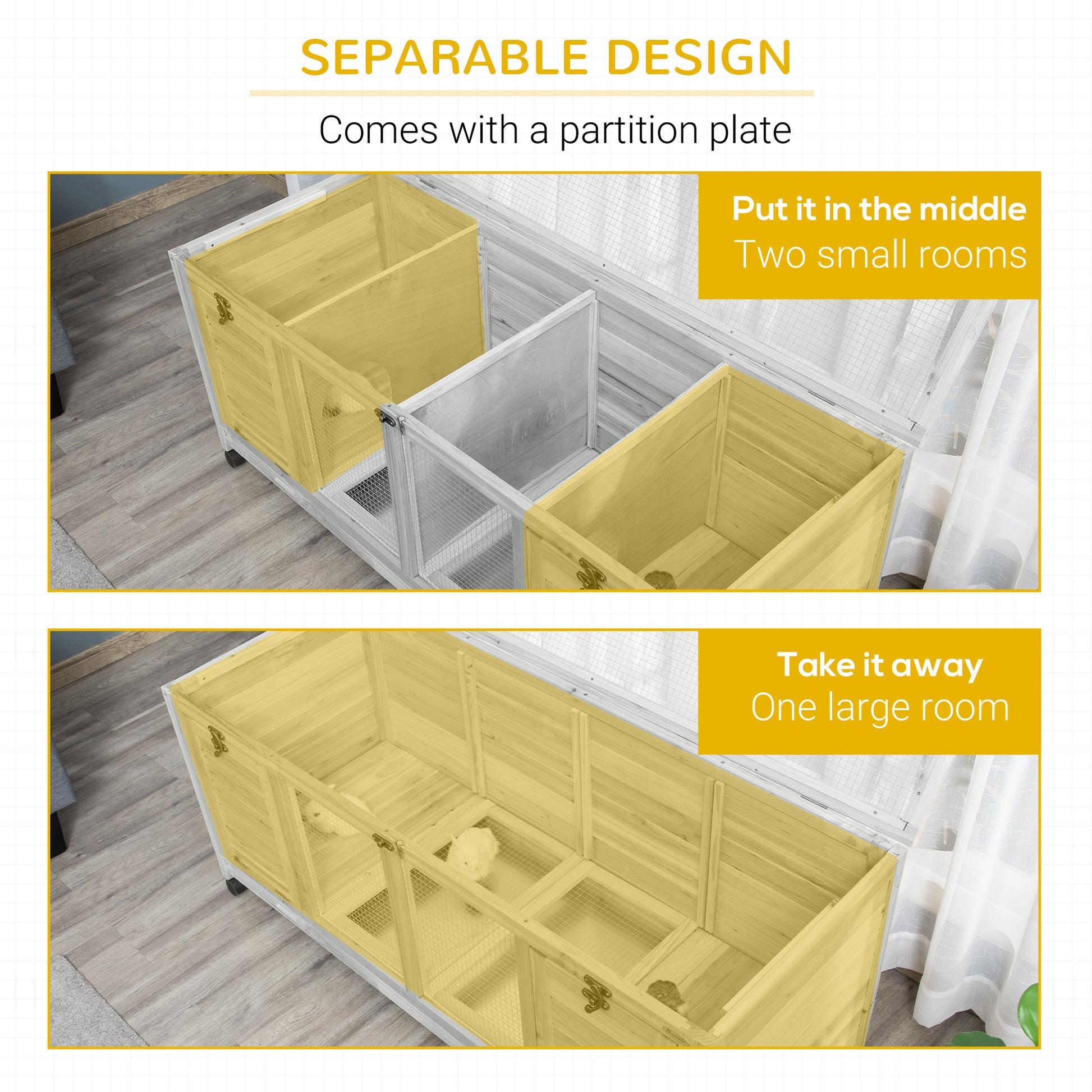 PawHut Wooden Rabbit Hutch, Mobile Guinea Pig Cage, Separable Bunny Run, Small Animal House with Wheels, Slide-out Tray, 138 x 53 x 61cm, Light Grey