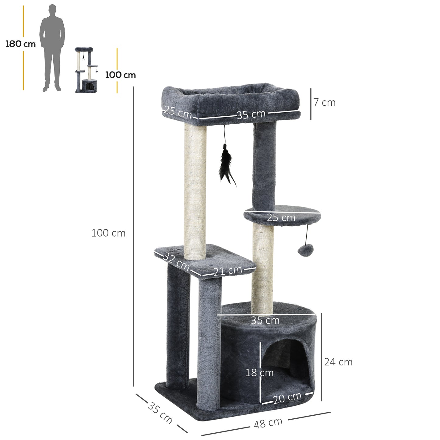 PawHut 100cm Cat Tree for Indoor Cats, Multi-Activity Cat Tower with Perch House Scratching Post Platform Play Ball Rest Relax, Grey and White