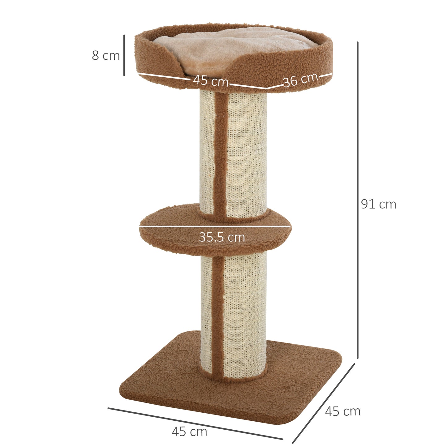 PawHut 91cm Cat Tree Kitten Activity Center Play Tower Perches Sisal Scratching Post Lamb Cashmere Brown