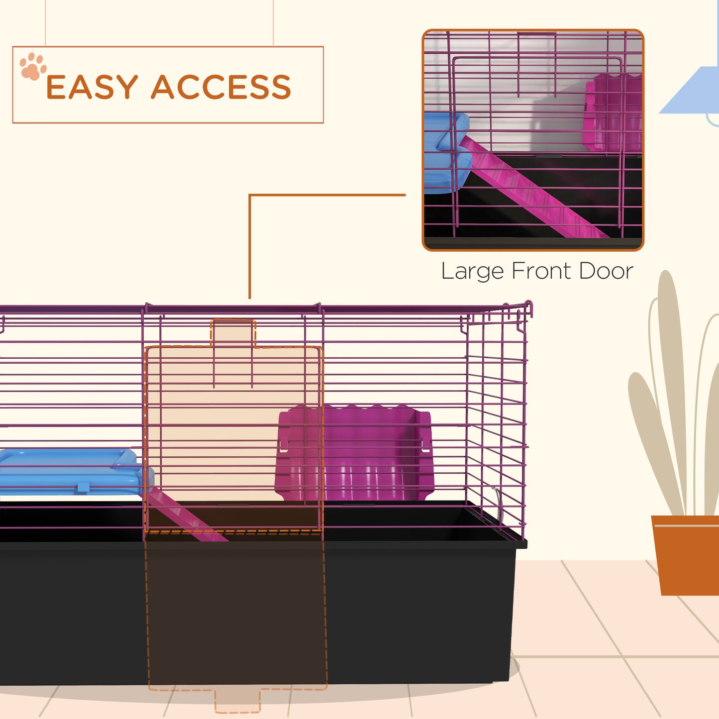 PawHut Dwarf Hamster Metal Cage w/ Tunnels Water Bottle Food Dish Pink