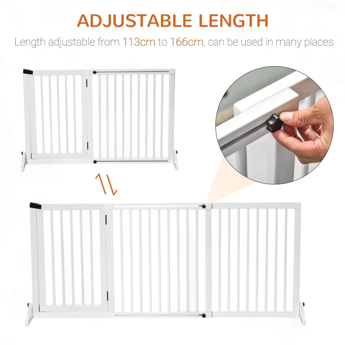 PawHut Adjustable Wooden Pet Gate Freestanding Dog Barrier Fence Doorway 3 Panels Safety Gate w/ Lockable Door White 71H x 113-166W cm