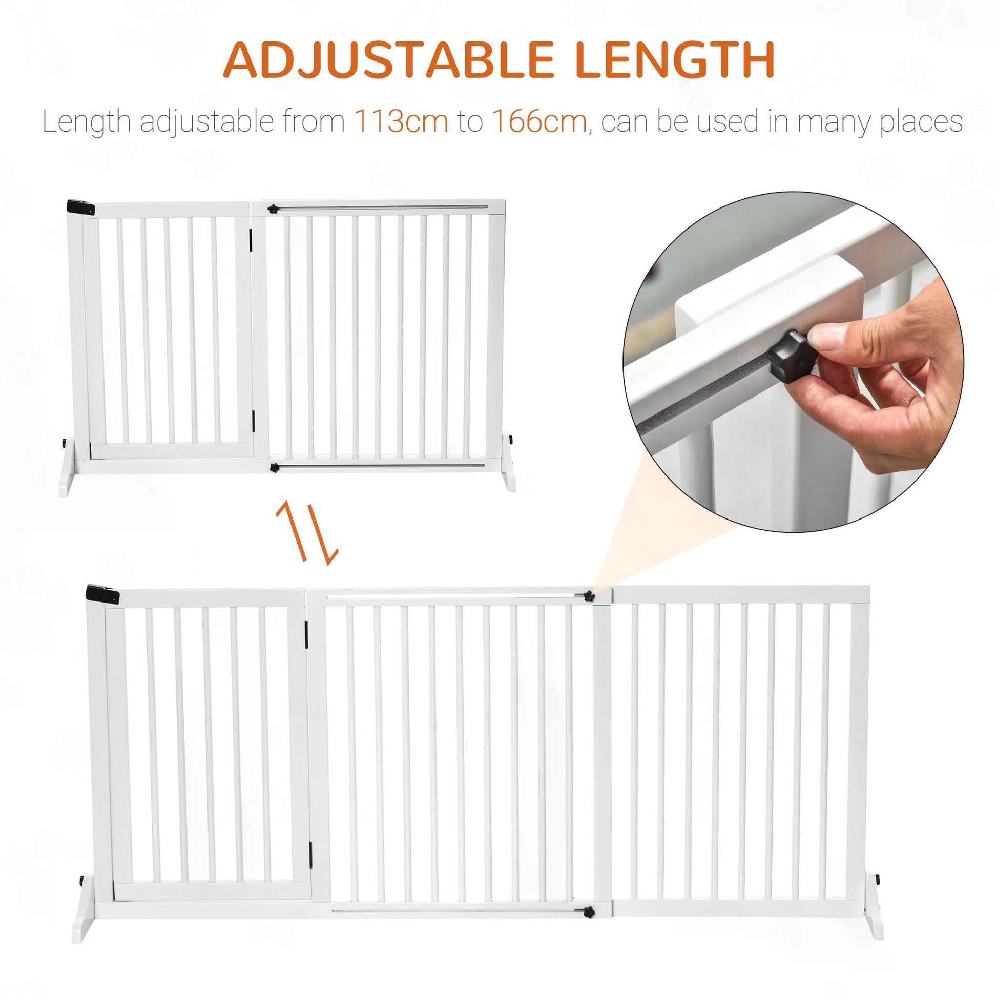 PawHut Adjustable Wooden Pet Gate Freestanding Dog Barrier Fence Doorway 3 Panels Safety Gate w/ Lockable Door White 71H x 113-166W cm