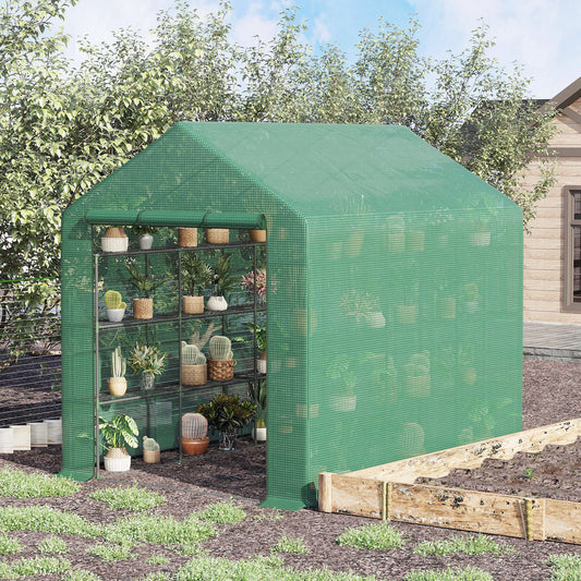 outsunny-poly-tunnel-steeple-walk-in-garden-greenhouse-with-removable-cover-shelves-green-244-x-180-x-210cm