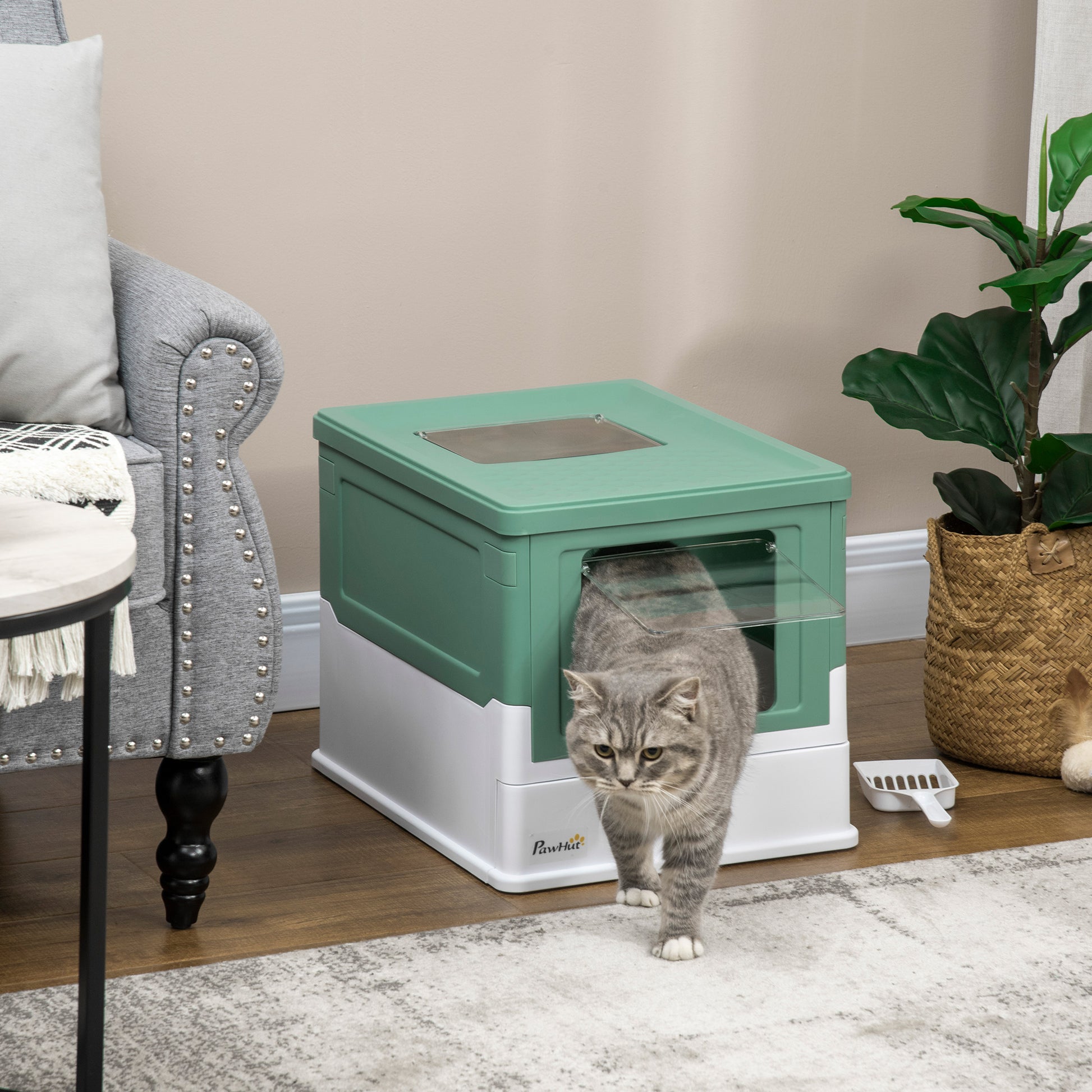 PawHut Hooded Cat Litter Box Scoop Included, Litter Tray with Front Entry Top Exit, Portable Pet Toilet with Large Space, 47.5 x 35.5 x 36.7 cm Green