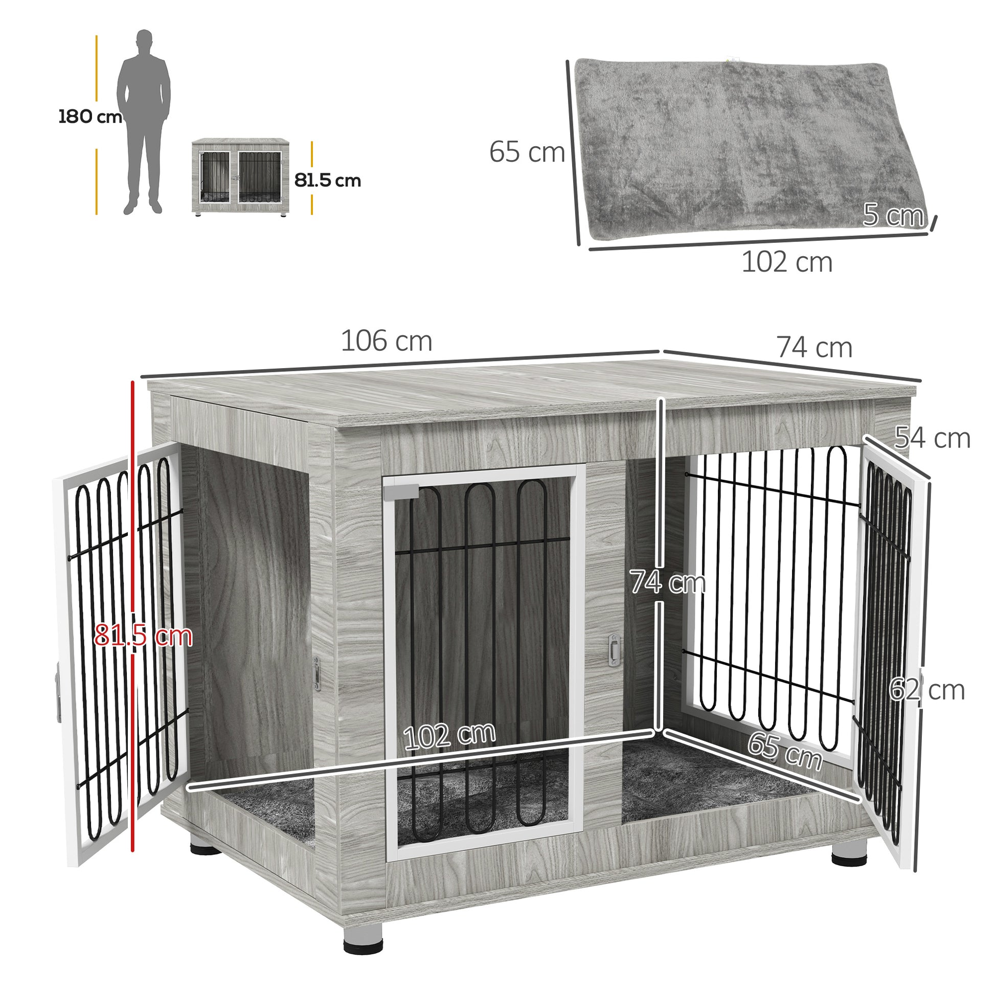 PawHut Indoor Dog Kennel w/ Soft Cushion, Double Door for Large Dogs, 106 x 74 x 81.5cm, Grey