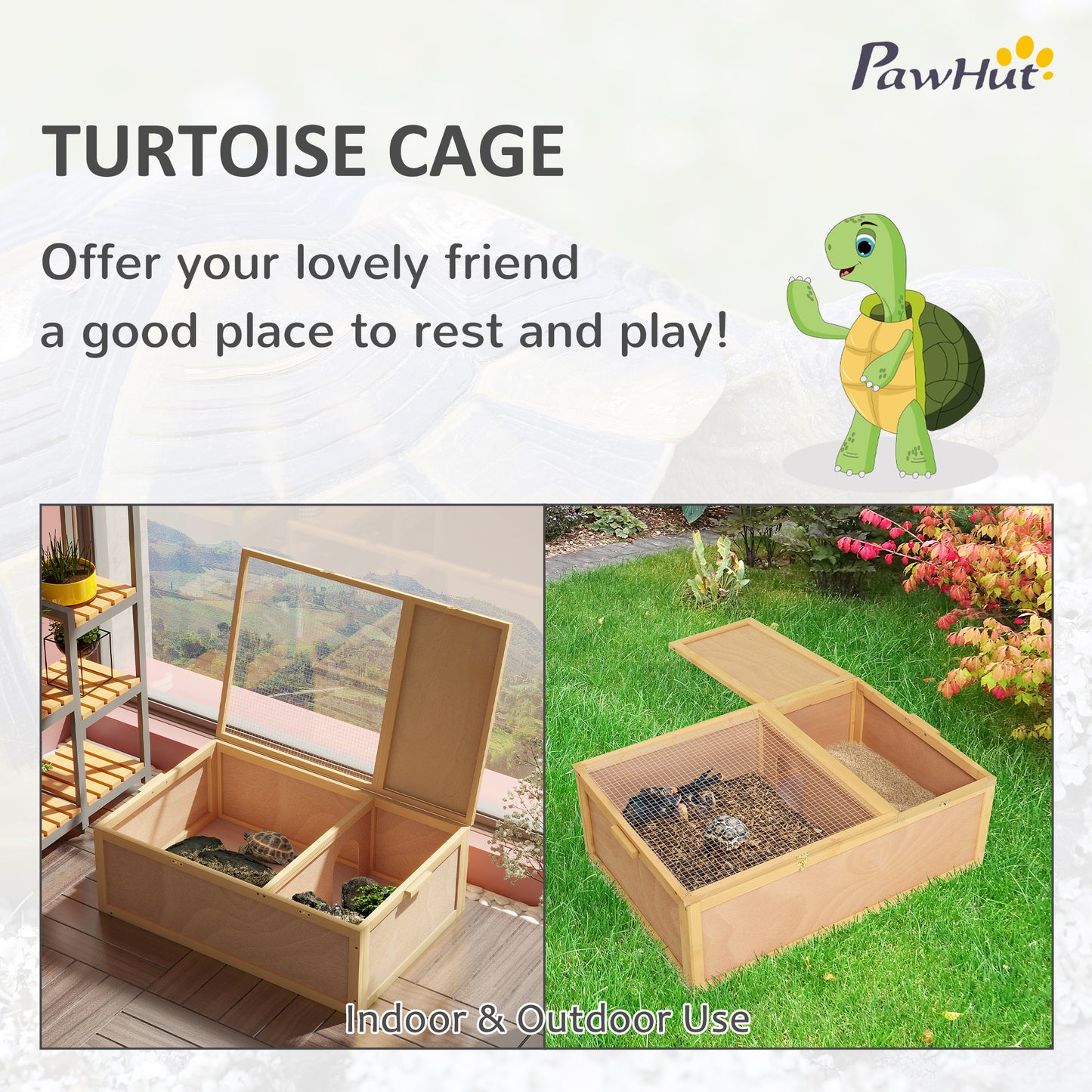 PawHut 94 cm Wooden Tortoise House Turtle Terrarium/ Small Reptile Enclosure with Two Room Design, Natural