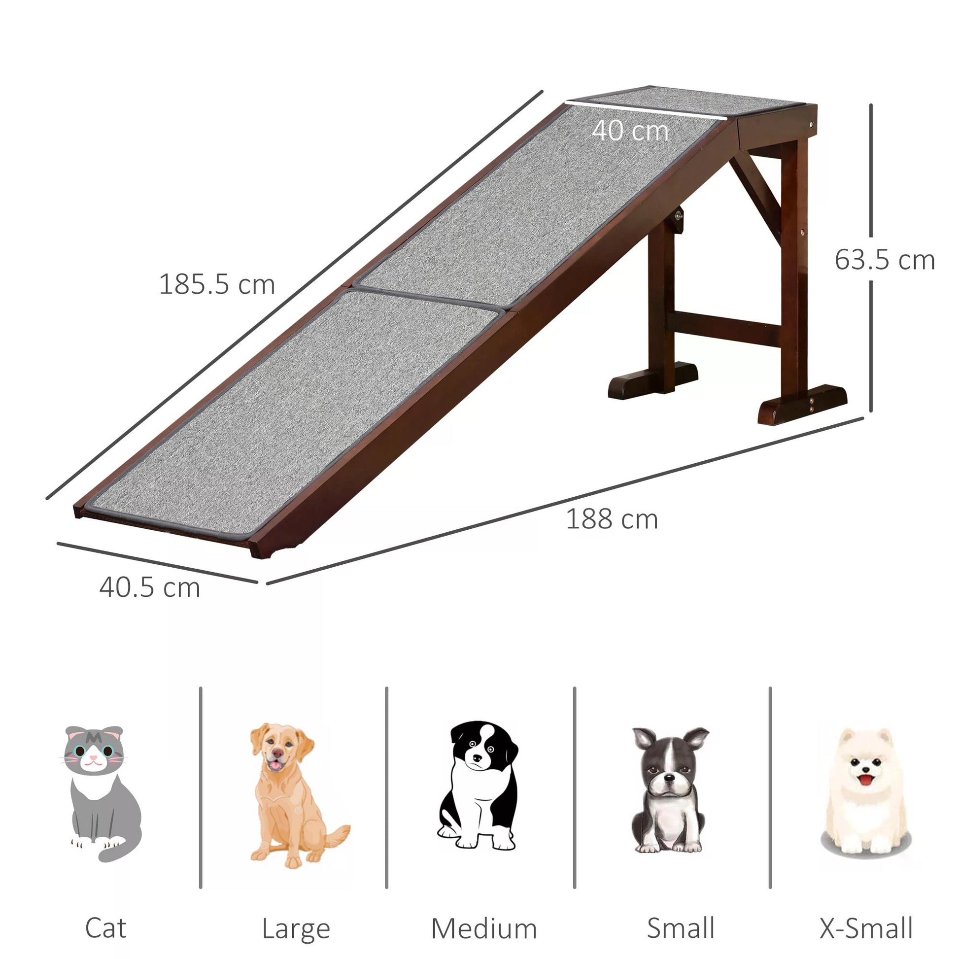 PawHut Pet Ramp for Dogs Non-slip Carpet Top Platform Pine Wood 188 x 40.5 x 63.5, Brown, Grey