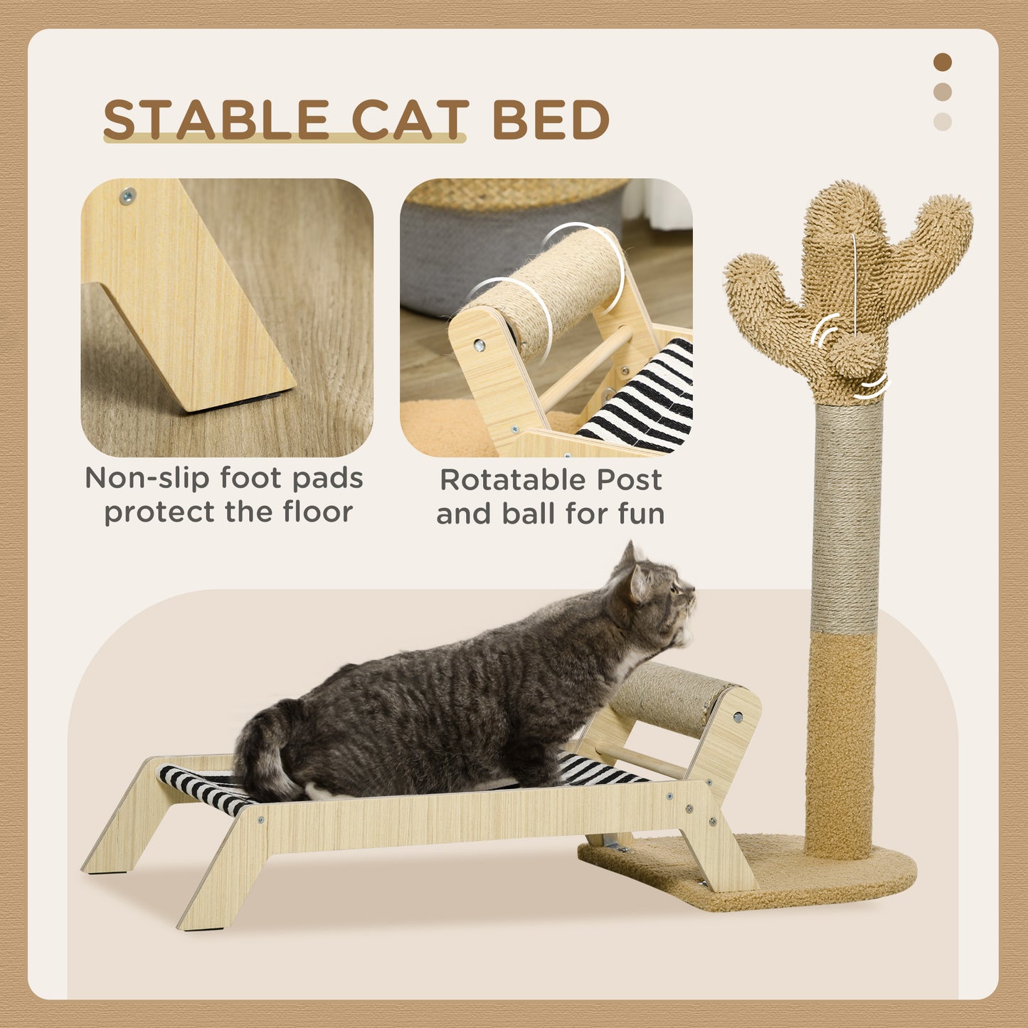 PawHut 2 in 1 Cat Scratching Post with Bed, Cat Condo Tree Tower with Cactus Post, Hammock Bed for Indoor Cats and Kittens - Brown