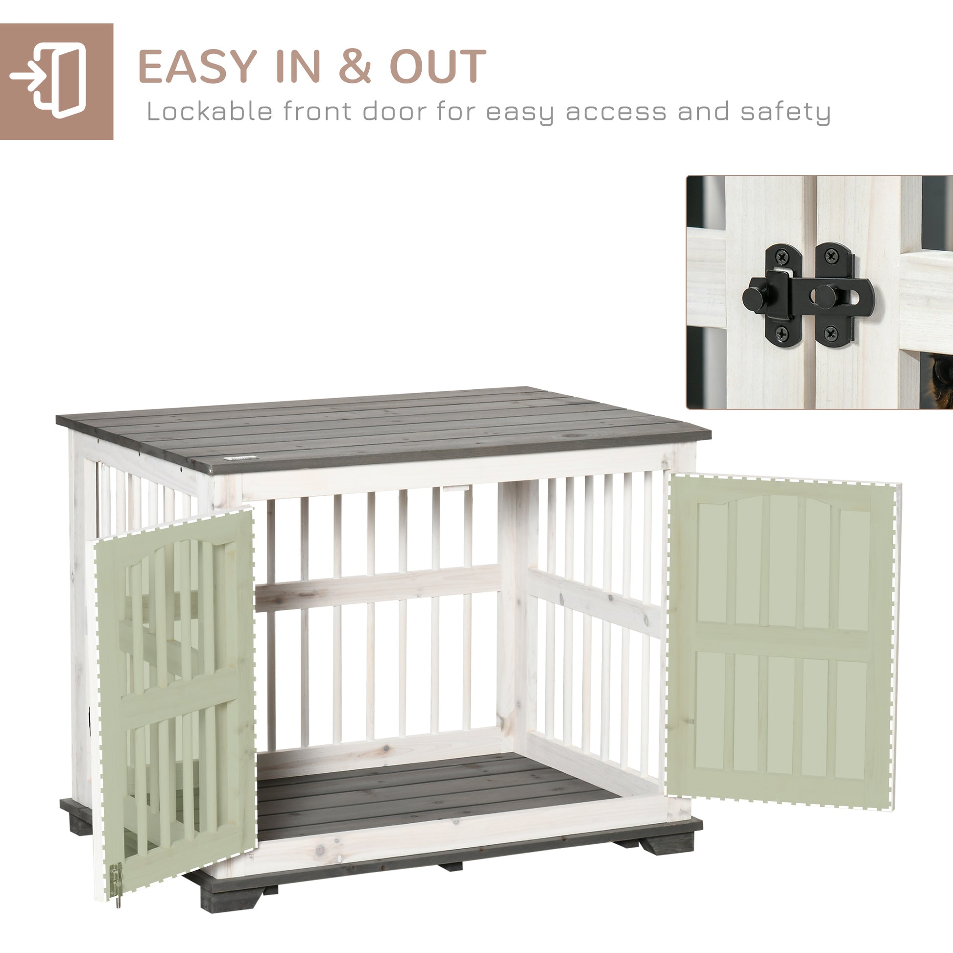 PawHut Wooden Dog Crate Furniture Pet Kennel Cage End Table for Small Medium Dogs, Indoor, White, 85.5 x 59.5 x 68 cm