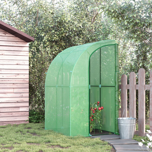 outsunny-walk-in-greenhouse-lean-to-wall-tunnel-greenhouse-with-zippered-roll-up-door-pe-cover-and-steel-frame-for-garden-143-x-118-x-212-cm