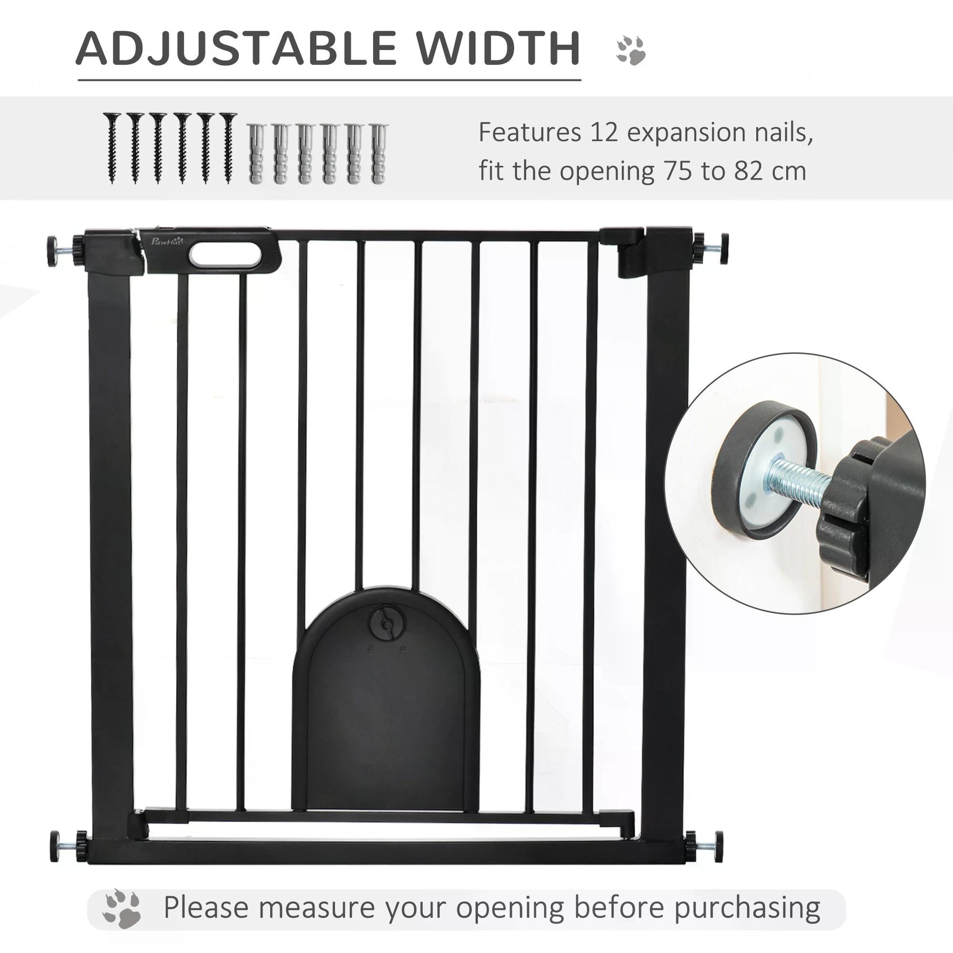 PawHut 75-82 cm Pet Safety Gate Barrier, Stair Pressure Fit, w/ Small Door, Auto Close, Double Locking, for Doorways, Hallways, Black