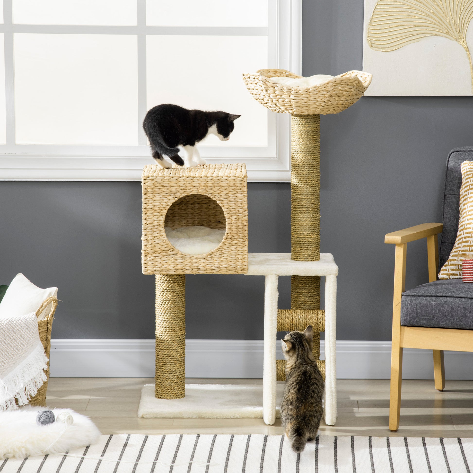 PawHut Cat Tree for Indoor Cats Kitten Tower Cattail Weave with Scratching Posts, Cat House, Bed, Ladder, Washable Cushions, Natural Finish