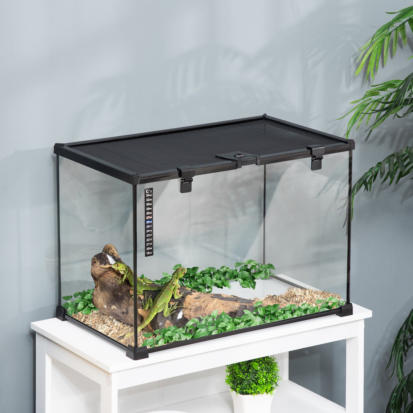 PawHut 50 x 30 x 35 cm Reptile Glass Terrarium, Reptile Breeding Tank, Climbing pet Glass Containers, Arboreal Box, with Strip Patch Thermometer-Black