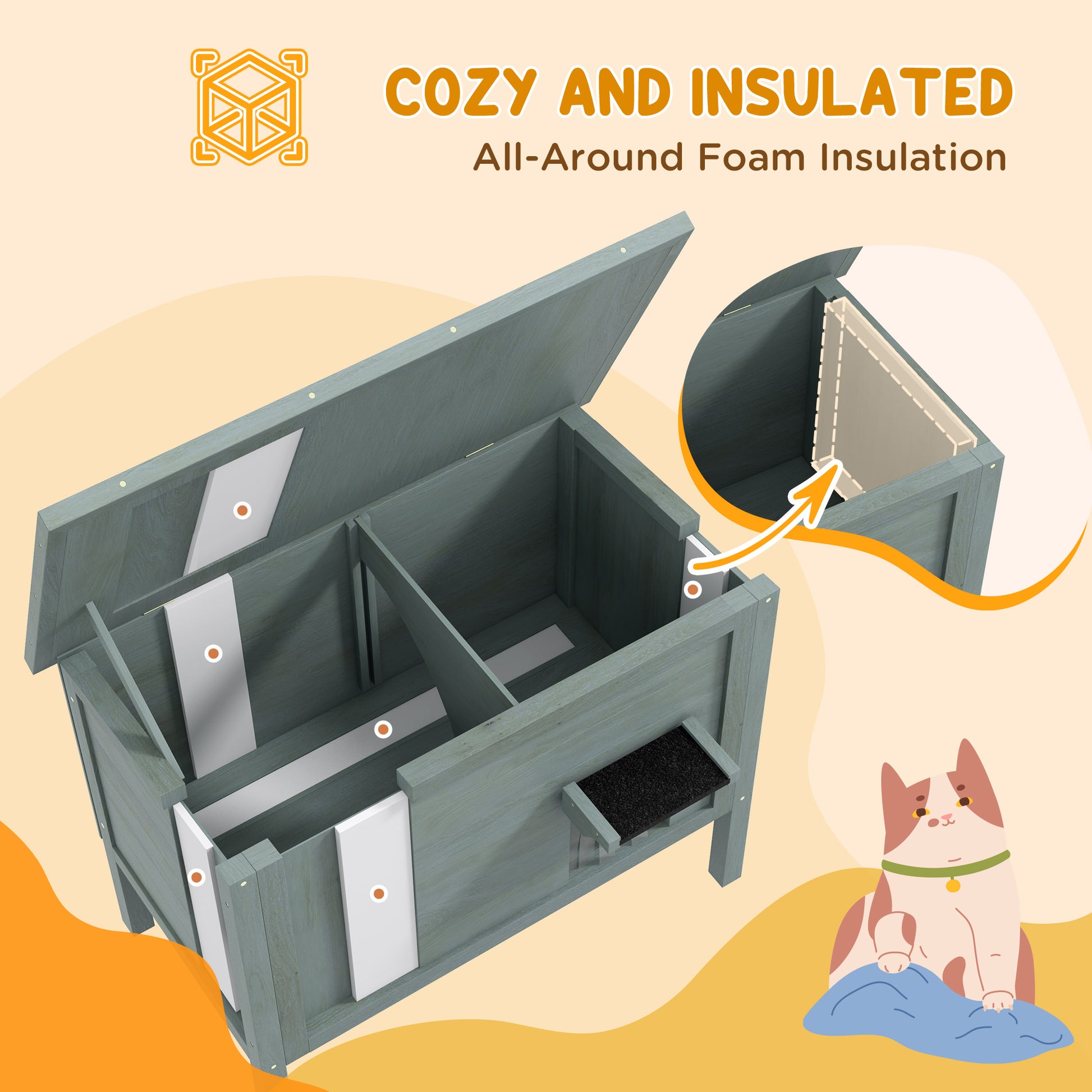 PawHut Feral Cat House Wooden Insulated with Removable Floor, Waterproof Openable Roof - Charcoal Grey