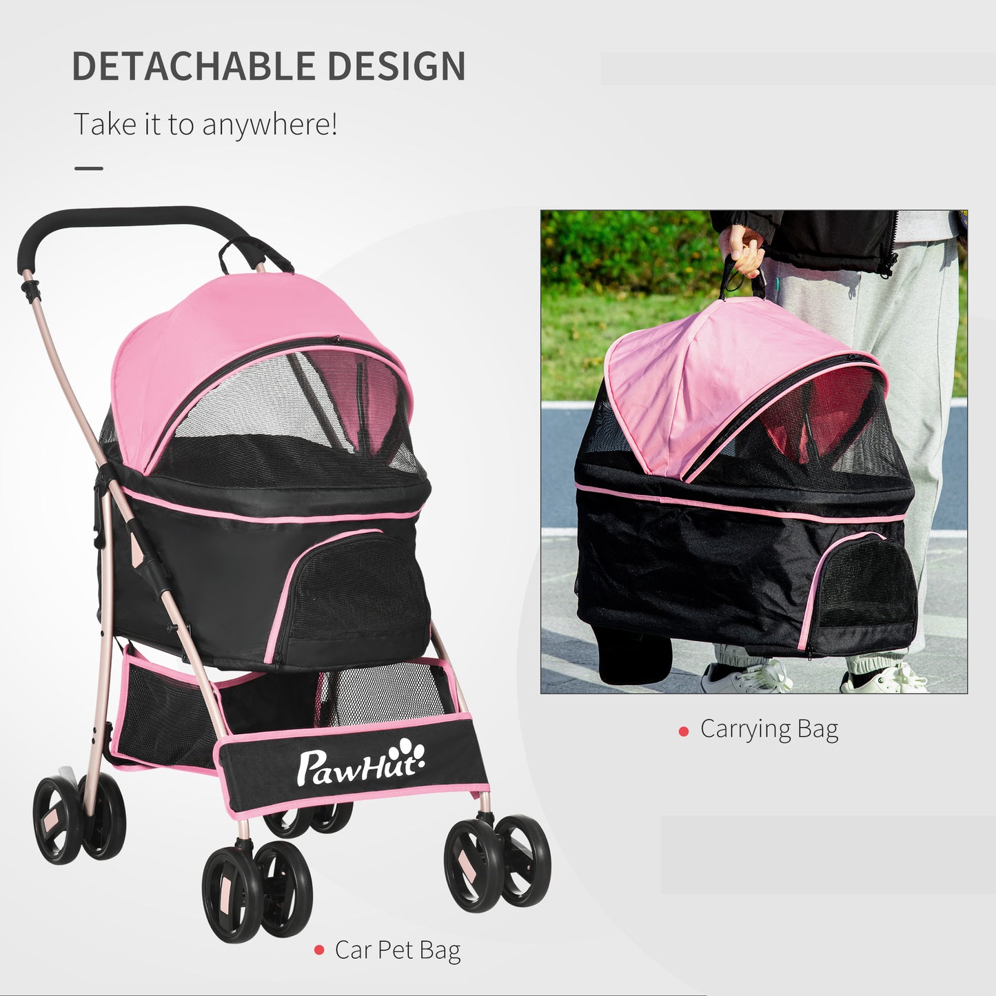 PawHut Detachable Pet Stroller, 3-In-1 Dog Cat Travel Carriage, Foldable Carrying Bag with Universal Wheel Brake Canopy Basket Storage Bag, Pink