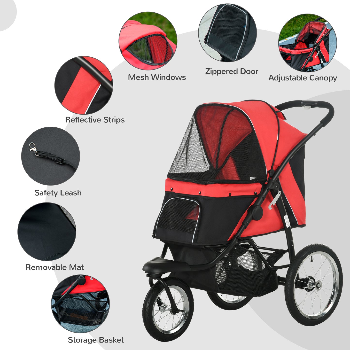 PawHut Pet Stroller Jogger for Medium, Small Dogs, Foldable Cat Pram Dog Pushchair w/ Adjustable Canopy, 3 Big Wheels - Red