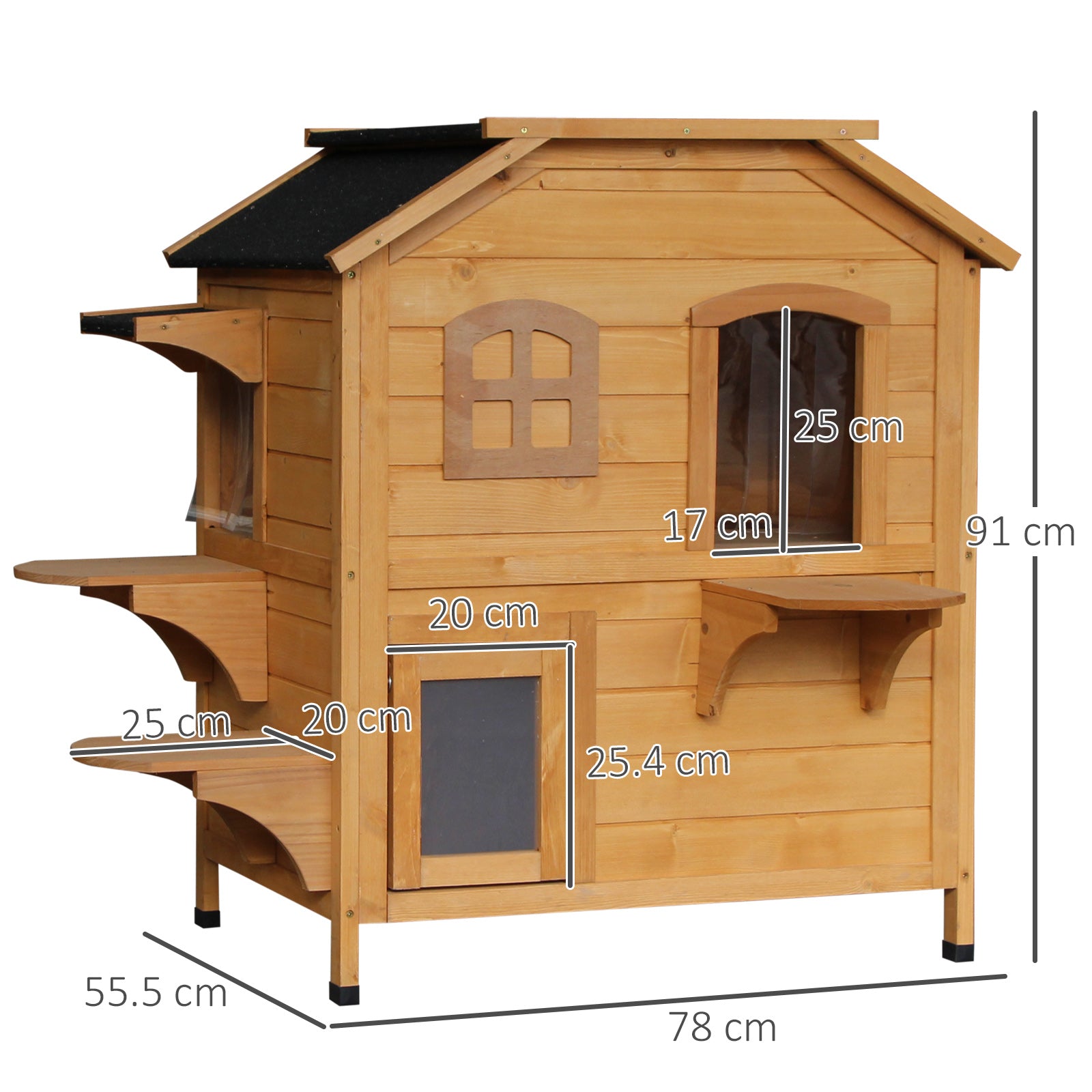 PawHut Wooden Cat House Condos Cat Cave Pet Shelter 2 Floor Villa Outdoor Furniture Natural Wood Finish