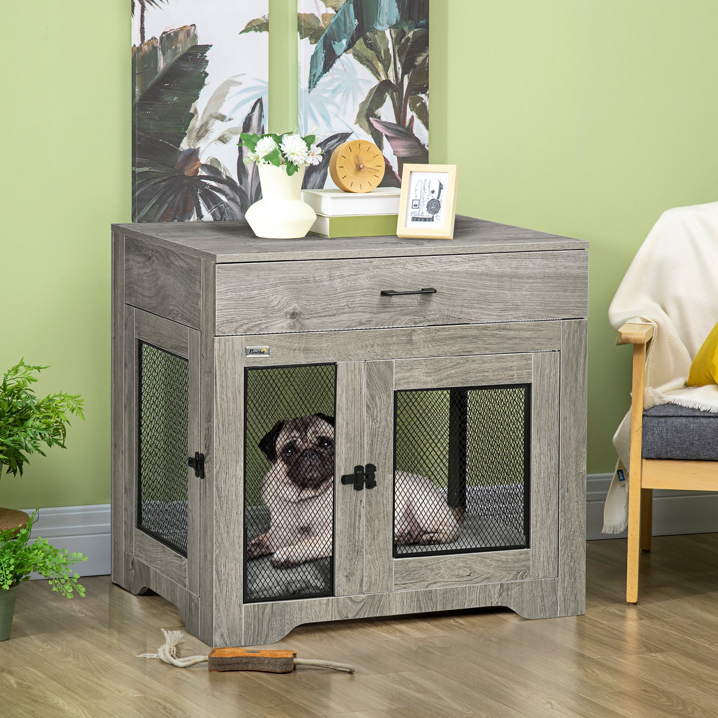 PawHut Indoor Use Dog Crate Furniture with Cushion, Double Doors Pet Kennel End Table with Drawer for Medium Dogs, Grey