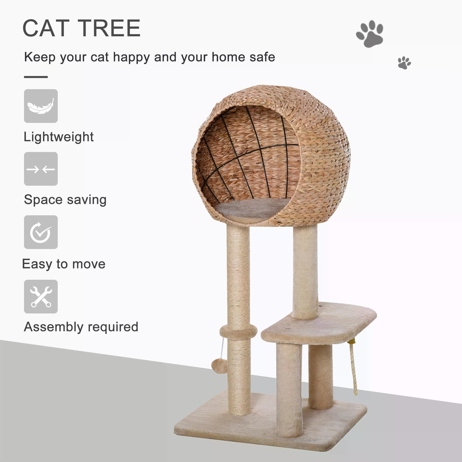 PawHut Cat tree Cat Tower 100cm Climbing Activity Center with Sisal Scratching Post Condo Perch Hanging Balls Teasing Rope Toy Cushion