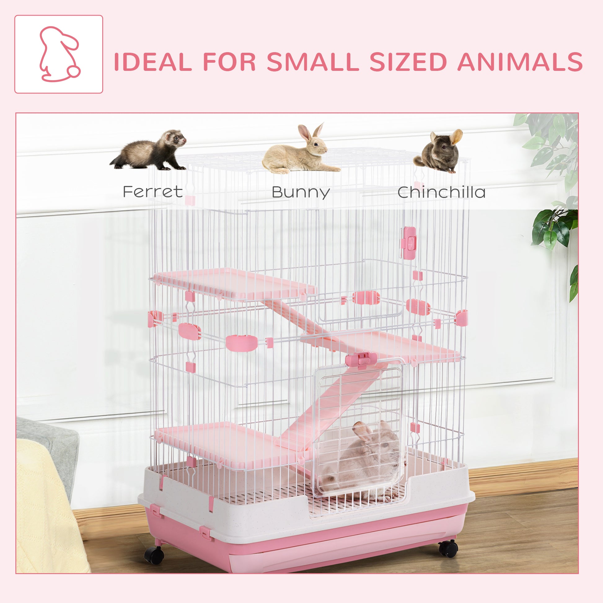 PawHut Four-Tier Small Animal Cage, for Bunnies, Ferrets, Chinchillas w/ Wheels, Tray - Pink