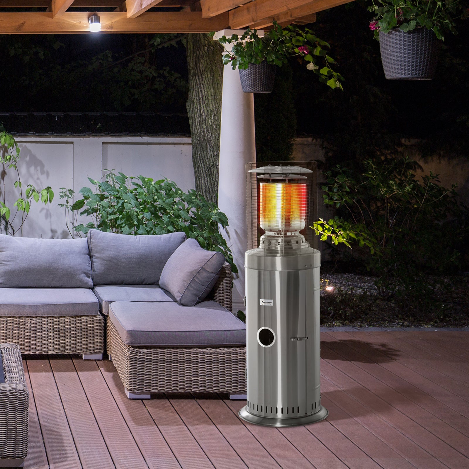 outsunny-10kw-outdoor-gas-patio-heater-terrace-freestanding-bullet-style-heater-with-wheels-dust-cover-regulator-and-hose-silver