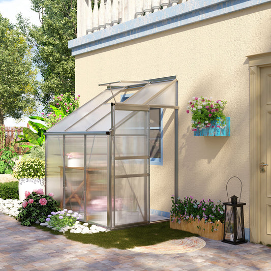 outsunny-walk-in-greenhouse-lean-to-wall-polycarbonate-garden-greenhouse-with-adjustable-roof-vent-rain-gutter-and-sliding-door-6-x-4-ft