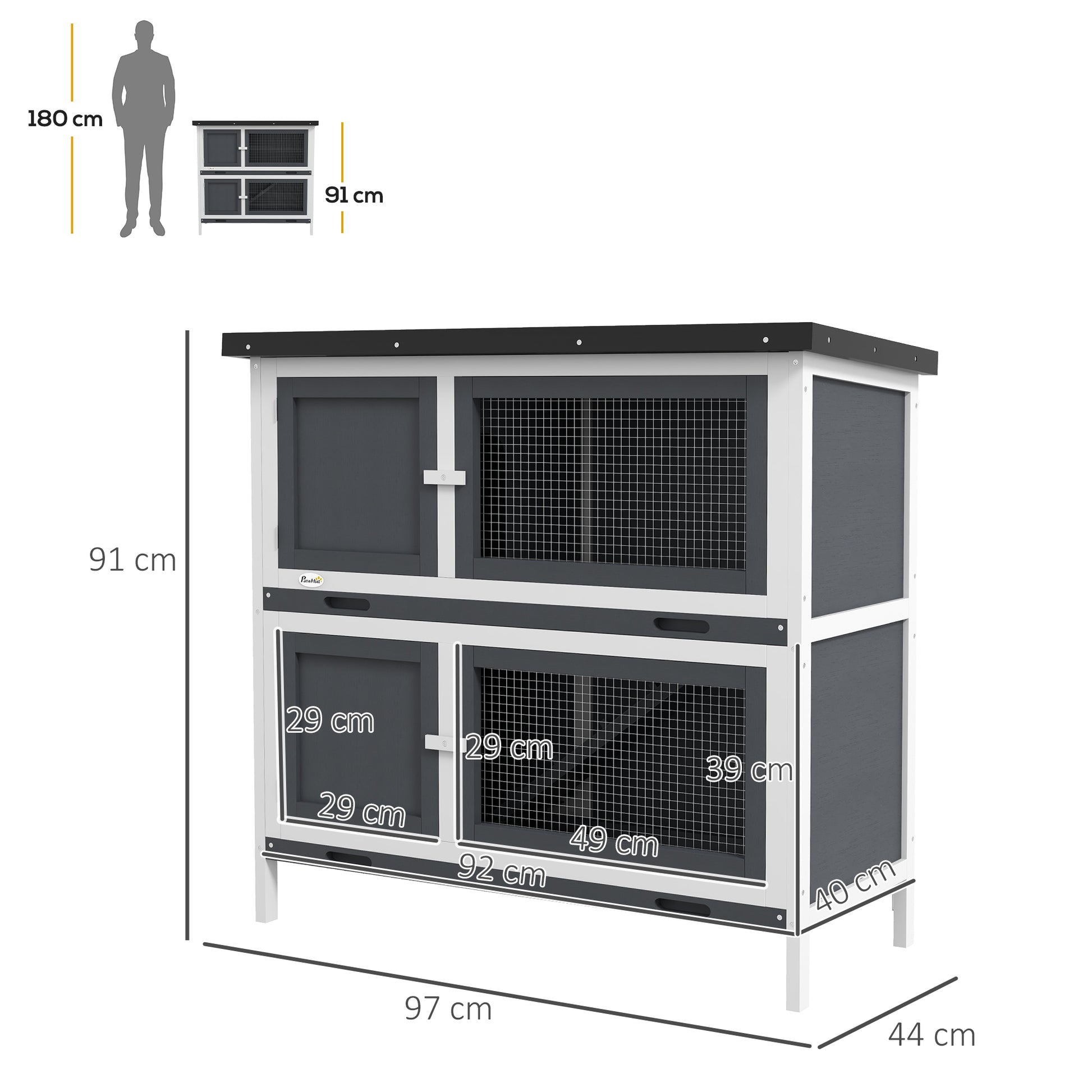 PawHut Double Decker Rabbit Hutch 2 Tier Guinea Pig House Pet Cage Outdoor with Sliding-out Tray, 100x47x91cm, Grey