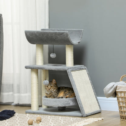 PawHut Cat Tree Tower, with Scratching Posts, Pad, Bed, Perch, Toy Ball, Light Grey