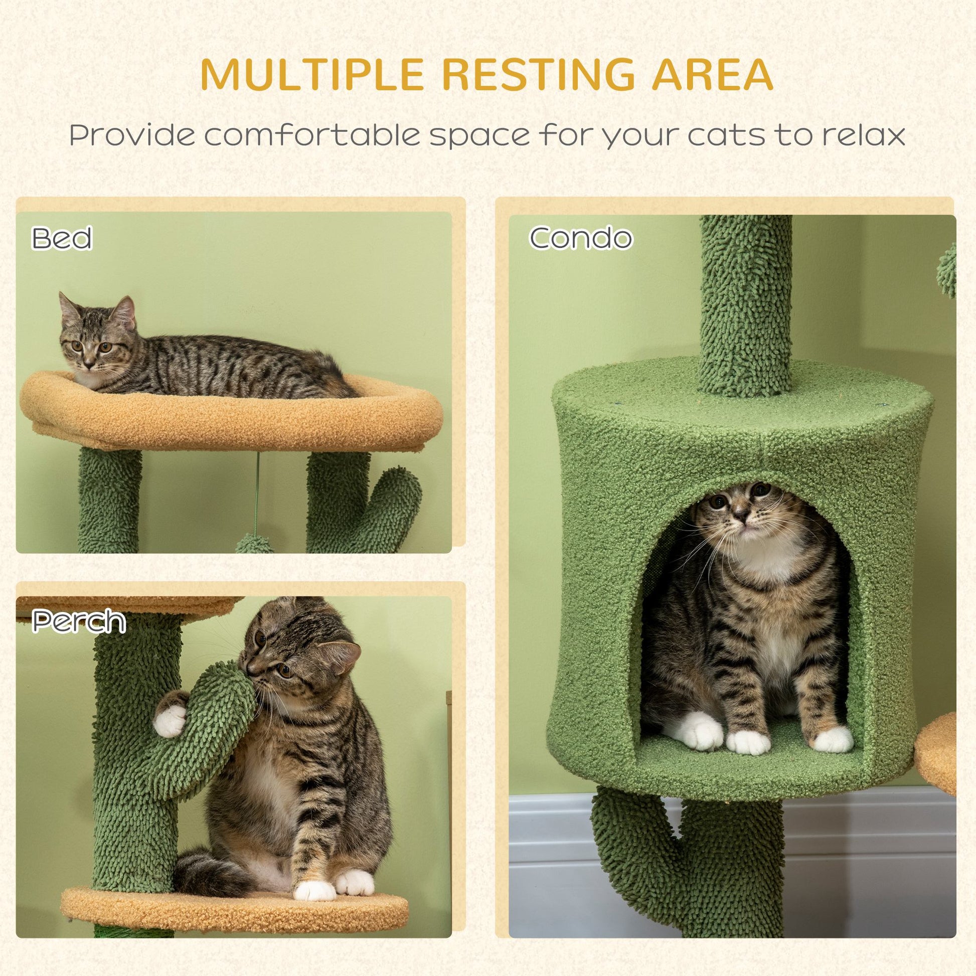 PawHut Cactus Cat Tree, 90cm Cat Climbing Tower, kitten Activity Centre with Teddy Fleece House, Bed, Sisal Scratching Posts and Hanging Ball, Green