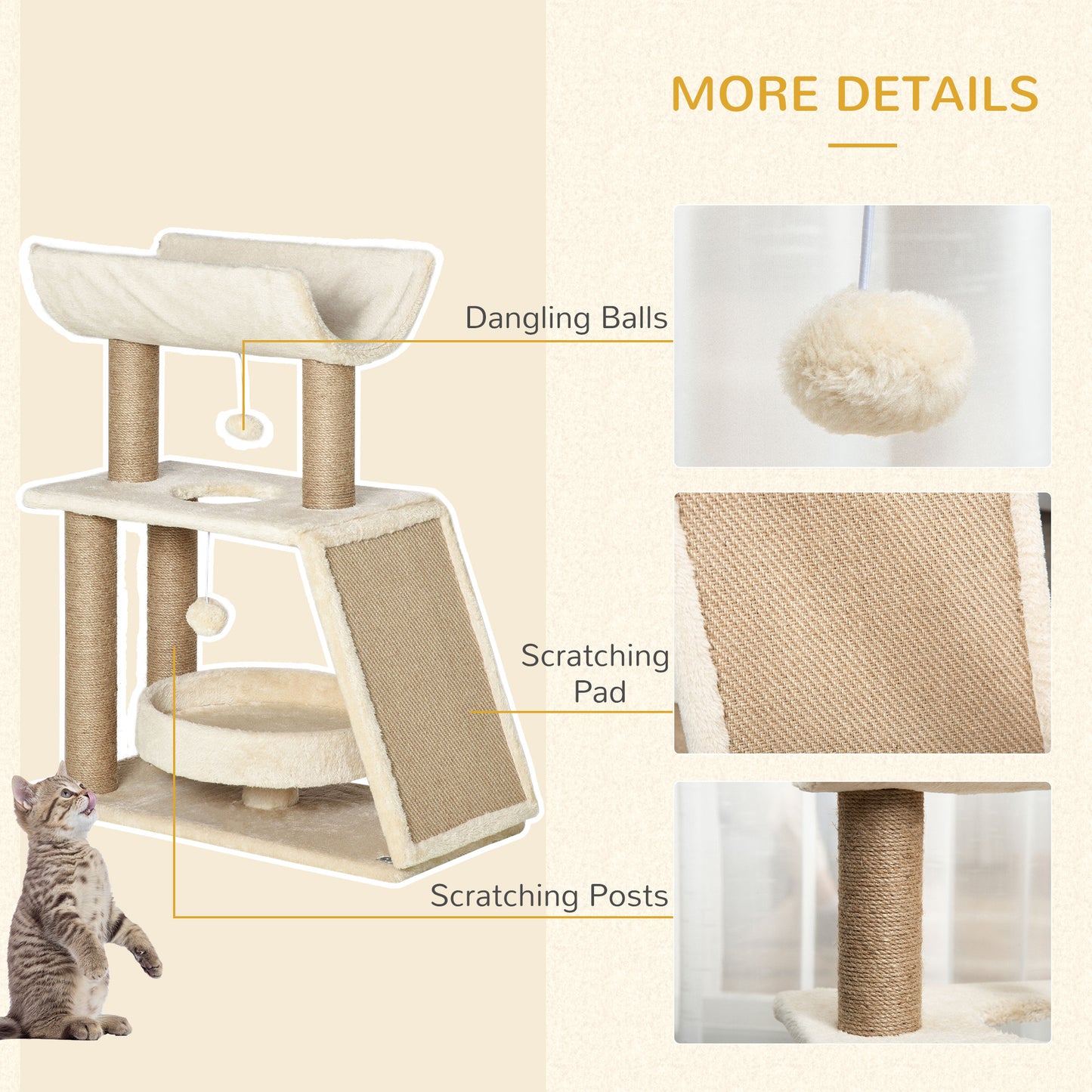 PawHut Cat Tree for Indoor Cats with Scratching Posts Pad, Kitten Tower with Bed Perch Ball Toy, 60 x 30 x 76 cm, Light Brown