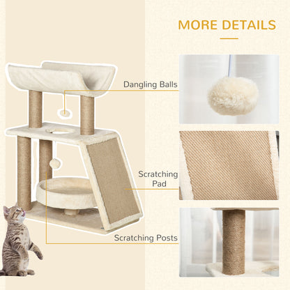 PawHut Cat Tree for Indoor Cats with Scratching Posts Pad, Kitten Tower with Bed Perch Ball Toy, 60 x 30 x 76 cm, Light Brown