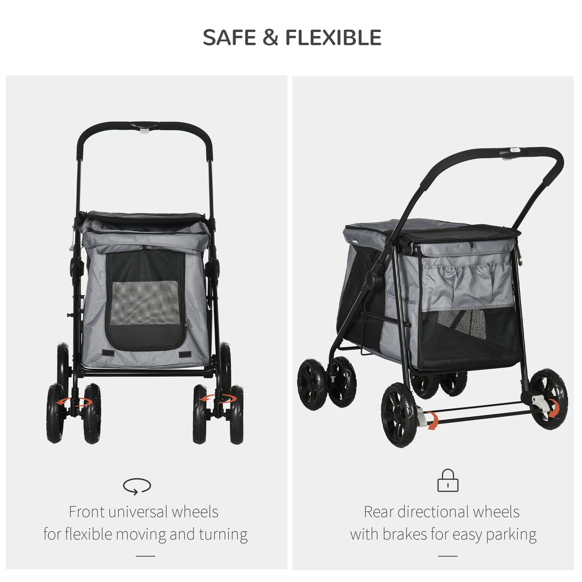 PawHut Foldable Pet Stroller One Click Dog Pushchair Cat Travel Carriage w/ EVA Wheels, Mesh Windows for Small Pets, Grey