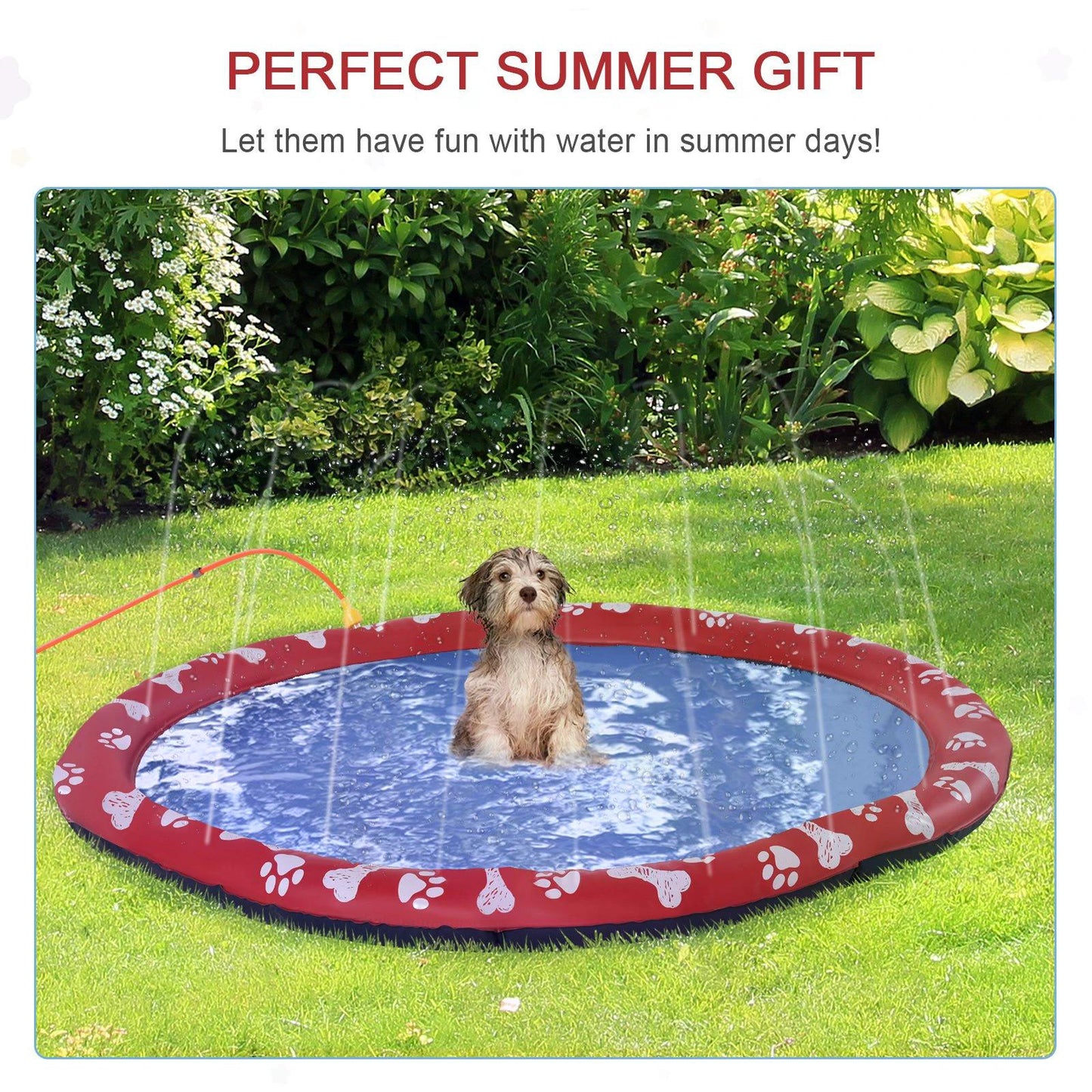 PawHut 150cm Splash Pad Sprinkler for Pets Dog Bath Pool Water Game Mat Toy Non-slip Outdoor Backyard Red