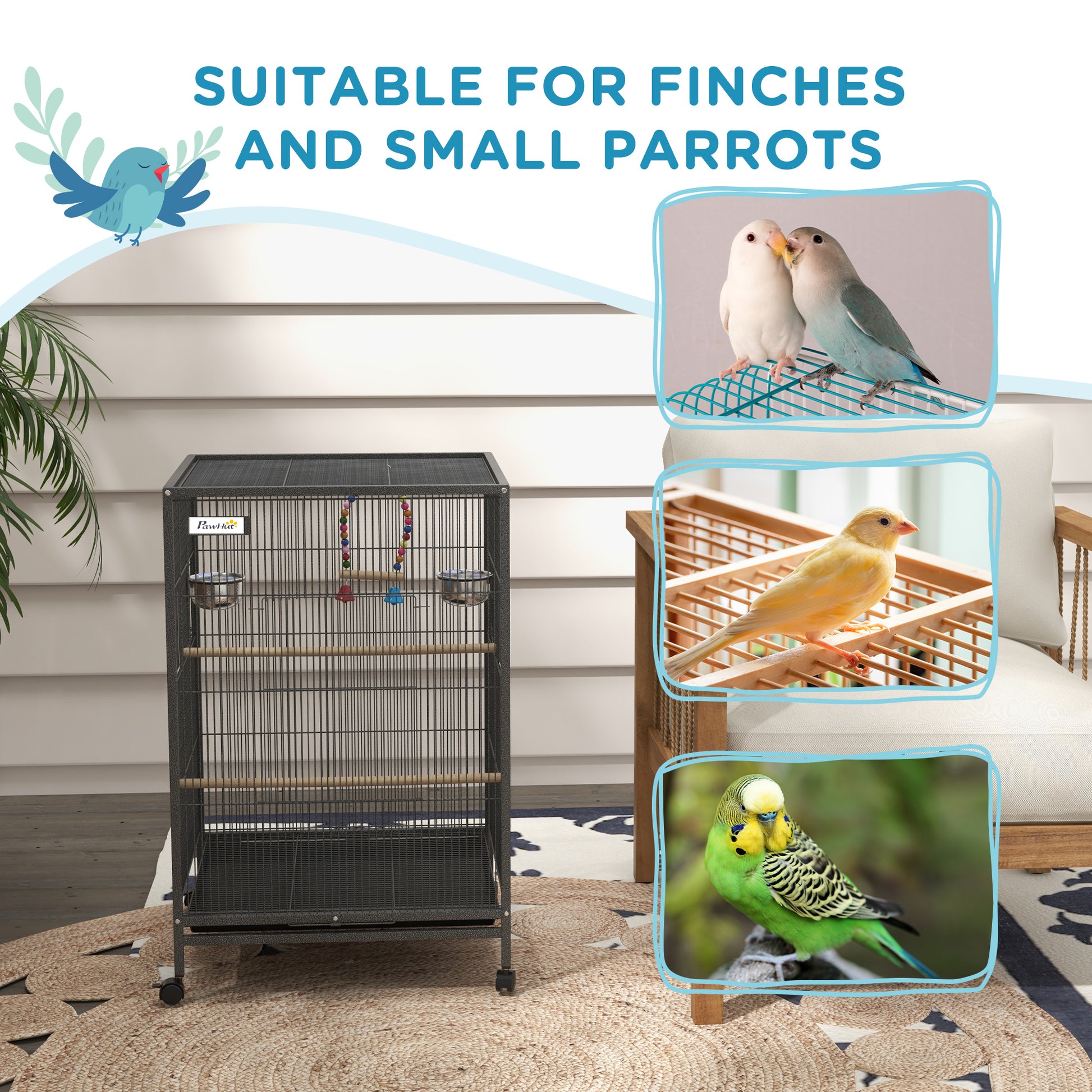 PawHut Bird Cage, Budgie Cage, with Rolling Stand, for Small Birds - Grey