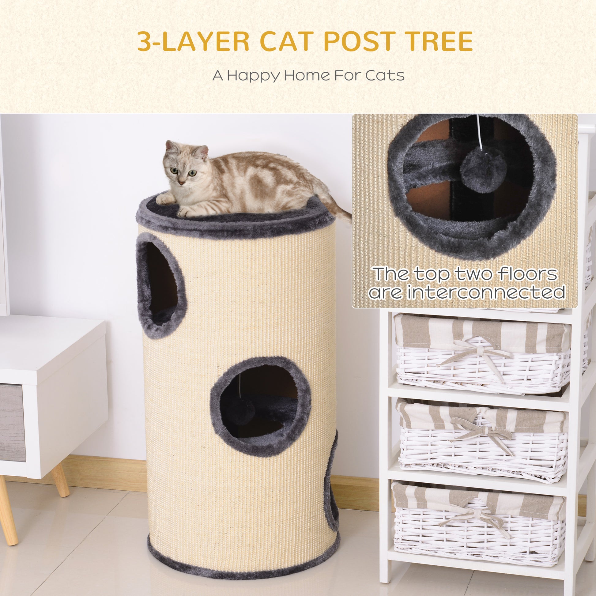 PawHut Cat Tree, Plush, ?38x70H cm-Beige/Grey