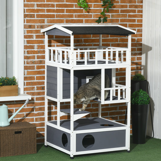 PawHut Cats Fir Wood 3-Tier Waterproof Play House Grey